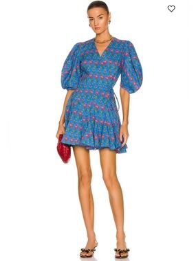 RHODE claudine blue floral wrap midi dress with puff sleeves
